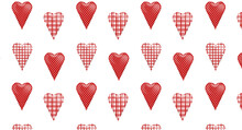 Seamless Pattern Fabric Hearts. Hearts Made Of Textiles. Hearts In A Cell And A Dot. For Web Design, Fabric, Textiles, Gift Paper, Wrappers, Packaging, Etc