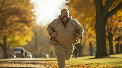 Wall Mural - Funny overweight man jogging on the road