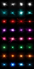 Wall Mural - dynamic celestial explosion set of various colors: black background with glowing multicolored sunbur