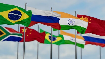 Wall Mural - BRICS flags waving together on cloudy sky, endless seamless loop