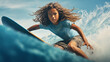 Long-haired mixed-race boy balancing on a surfboard in splashing waves, on blue sky background. Dark-haired teenager surfing in the sea. Sports, action, summer holidays.