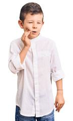 Poster - Cute blond kid wearing elegant shirt touching mouth with hand with painful expression because of toothache or dental illness on teeth. dentist