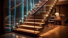 A Chic, Wooden Staircase With Clear Glass Sides, Subtly Lit By LED Strips Beneath The Handrails, In A Modern, Art-inspired Residence.