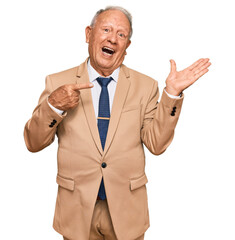 Canvas Print - Senior caucasian man wearing business suit and tie amazed and smiling to the camera while presenting with hand and pointing with finger.