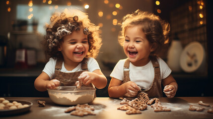 two happy children are making cookies in the kitchen. little cooks