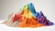 a vibrant mound of sand in a spectrum of colors, carefully layered against a pristine white background, evoking a sense of playful creativity and sensory delight.