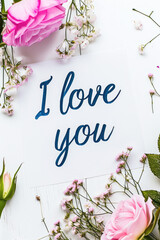 Wall Mural - happy valentines day card with flowers and text i love you