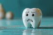 Volumetric illustration of a tooth in a cartoon style with a sadness and anger emotions on blue background