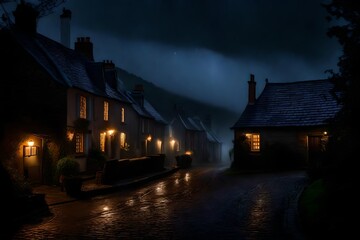 Wall Mural - . The ancient stone buildings huddle together, their windows aglow with warm candlelight