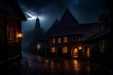 Fototapeta Uliczki - . The ancient stone buildings huddle together, their windows aglow with warm candlelight