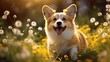 Pure joy in spring: A happy corgi dog sits in a field of dandelions, smiling amidst the vibrant greenery.