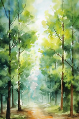 Poster - Watercolor painting of a path in the forest on a sunny day. Summer forest artwork, printable nature wall art, green trees poster