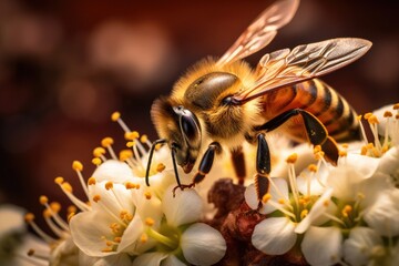 Wall Mural - Close-Up of Bee on Flower, Vivid Portrait of a Pollinator, Bee collecting honey from a small flower, close-up view, detailed body, AI Generated