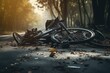 A bike lays, on its side, abandoned beside the road, Bicycle collision road accident with a broken bike and helmet, AI Generated