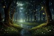 A mesmerizing painting of a lush forest with a flowing stream, brought to life by the enchanting glow of fireflies, An enchanting forest filled with fireflies at dusk, AI Generated