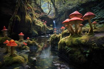 Canvas Print - A captivating image capturing the beauty of a lush green forest with a cluster of mushrooms seated gracefully atop, An enchanting fairy glen with vibrant mushroom groves, AI Generated