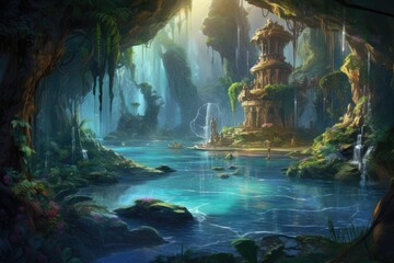 Poster - A captivating painting showcasing a breathtaking waterfall surrounded by lush greenery in a serene forest, An enchanting scene of a mermaid lagoon, AI Generated