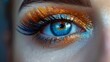 Woman eye make up with blue eyes and blue orange makeup