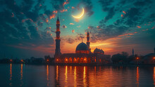 A Visually Stunning Image Of A Crescent Moon Shining Brightly Over A Mosque's Dome, Symbolizing The Beginning Of The Lunar Month Of Ramadan And Heralding A Period Of Reflection, Pr