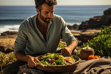 Wall Mural - Nature lover enjoys the sea salad in picnic., generative IA