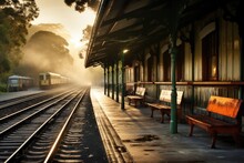 A train station with benches and a train ready to depart on the tracks, An old Victorian-era railway station, AI Generated
