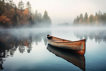 Poster - A boat peacefully floats on the surface of a beautiful lake, surrounded by a lush forest, An old wooden canoe on the glassy surface of a quiet lake, AI Generated