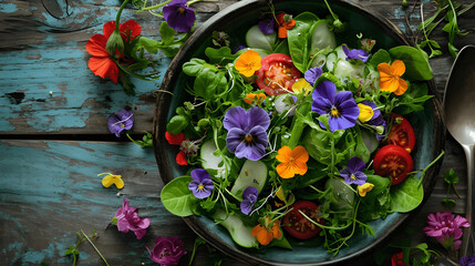 Wall Mural - Spring salad with seasonal vegetables and edible flowers