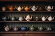 A colorful assortment of teapots in various shapes, sizes, and designs displayed on a shelf, Antique teapots arranged on a rustic kitchen shelf, AI Generated