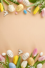 Wall Mural - Creating a festive Easter atmosphere. Top view vertical flat lay of eggs, bunnies, fresh tulips on beige background with empty space for message or promo