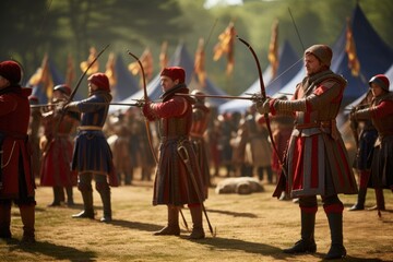 Wall Mural - A gathering of men stands united as they face a crowd of people at a lively event, Archers aiming at a target in a medieval-themed tournament, AI Generated