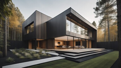 Wall Mural - Modern minimalist private black house decorated with wood cladding