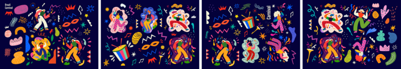 Canvas Print - Carnival party cards collection. Design for Brazil Carnival. Decorative illustration with dancing people. Music festival illustrations