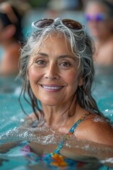 Wall Mural - Active seniors: A happy retired couple enjoying water aerobics, embodying health, love, and fitness in the pool.