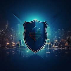 Poster - Cyber security.Shield symbol on dark blue background and city background.Illustrates cyber data security. illustration 3D protection. banner with copy space 