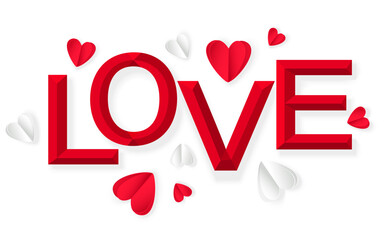 Wall Mural - Red Love word with red and white hearts in paper cut style isolated on white background. Vector banner.
