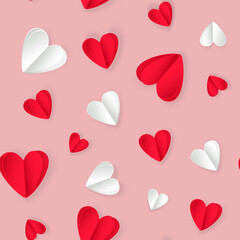 Wall Mural - Red and white hearts in paper cut style on a pink background. Seamless vector pattern.