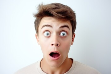 Wall Mural - Portrait of young shocked scared man on white background
