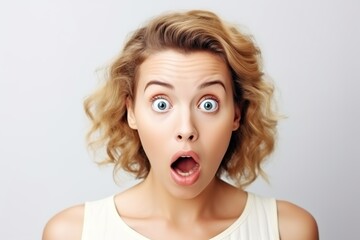 Wall Mural - Portrait of young surprised woman on white background