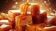 Close-up view of rich, glossy caramel cubes neatly stacked with a smooth syrup drizzling over them, set against a warm, amber-toned backdrop