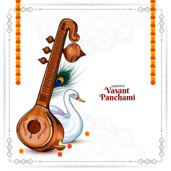 Wall Mural - Religious Happy Vasant Panchami Indian festival background with Veena illustration