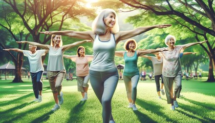 A group of seniors joyfully practicing tai chi in a sunlit park.