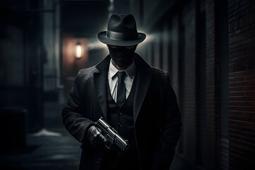 a man in a suit and hat holding a gun