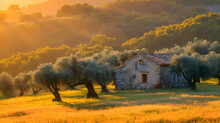 A Small Stone House Surrounded By Olive Trees