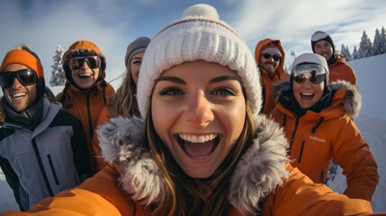 Wall Mural - Ecstatic friends on a snowy mountaintop