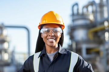 Black female chemical engineer wearing hard hat and safety glasses at industrial plant