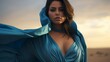 a high fashion close up portrait of a female plus size model in the desert wearing minimalistic blue clothes, cloudy sunset - Generative AI