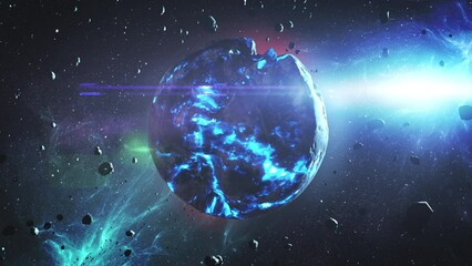 alien planet with blue magma and asteroids, 4k 3d rendering of dying planet, 4k, 2022
