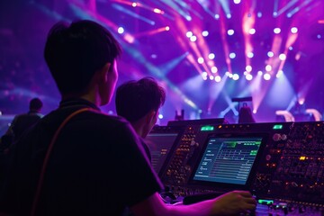 Wall Mural - Asian sports event crew working at backstage with control panel on stage lighting 