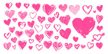 Grunge Pink Vector Hand Drawn Hearts Doodles Collection