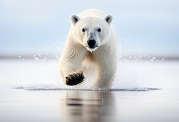 polar bear on drift ice edge with snow and water in norway sea. white animal in the nature habitat. 